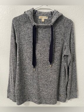 Michael Kors Gray Knit Hooded Pullover with Navy Drawstrings